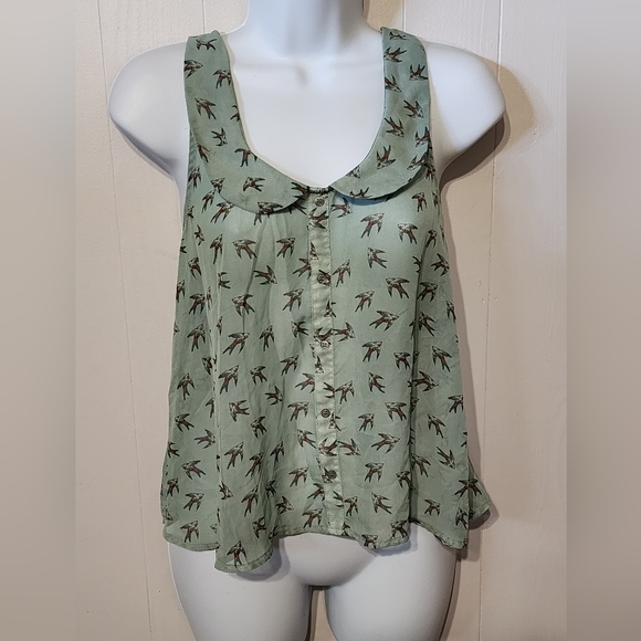 Sheer Button Front Sleeveless Shirt with Birds Small Green Fire Los Angeles A169 - Picture 2 of 5
